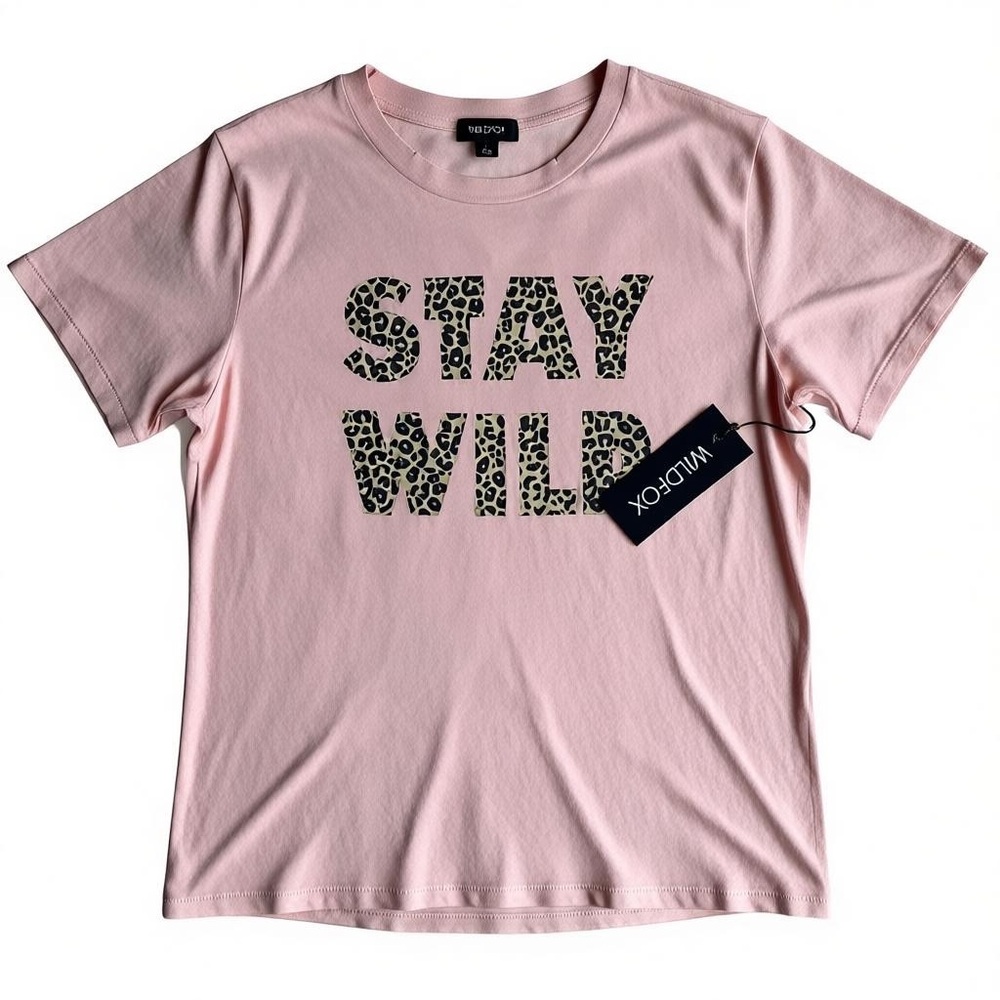 Wild Fox STAY WILD Size Large leopard print pink t shirt tee top NWT
